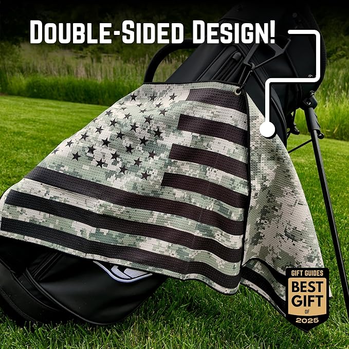 Pin Hunters American Flag Microfiber Golf Towel | Hunters Camo | Premium Waffle Towel with Clip | Large 31"×15.5" Towel for Golf Bags | Accessories for Men | Fun Gift for Husband | USA Pride