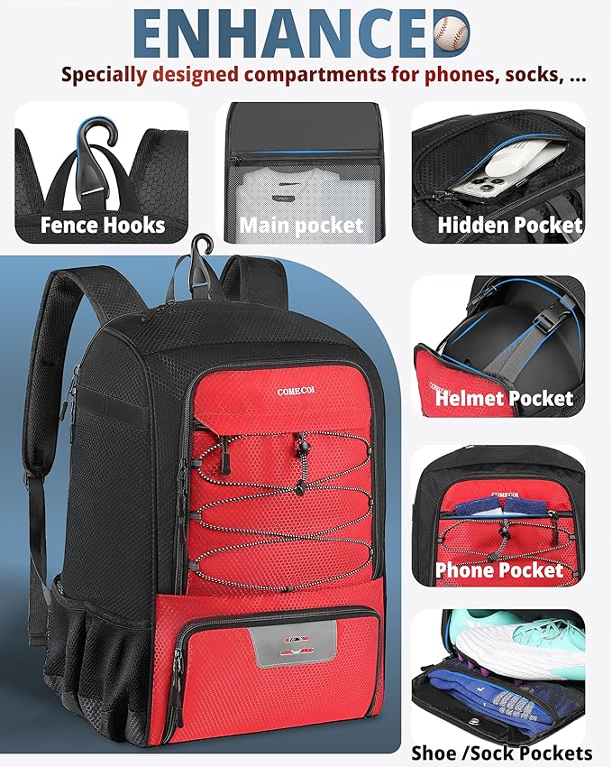 COMECOI Baseball Bag, Baseball Backpack with Helmet Shoes Bag for Youth, Adult, Lightweight Softball Bag with Fence Hook Hold TBall Bat, Baseball Glove, Helmet, Caps, All Gear
