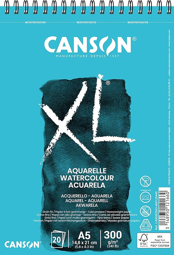 CANSON XL Watercolour 300gsm A5 Paper, Cold Pressed, Spiral Pad Short Side by Canson