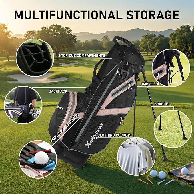 XDriveMax Golf Stand Bag with Accessory Pack, Lightweight 8-Way Top Dividers Golf Bag with Stand, Includes Insulated Cooler Pocket, Dual Strap & Rain Cover