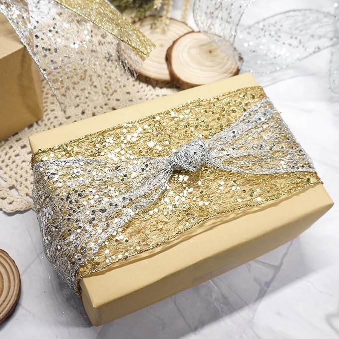 CT CRAFT LLC Sparkling Glitter Mesh Wired Ribbon 4" x 10 Yards Silver - Image 5