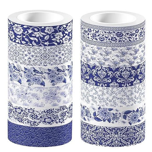 12 Pcs blue and white porcelain Washi Tape Maple Leaf Print Masking Tape by Unknown