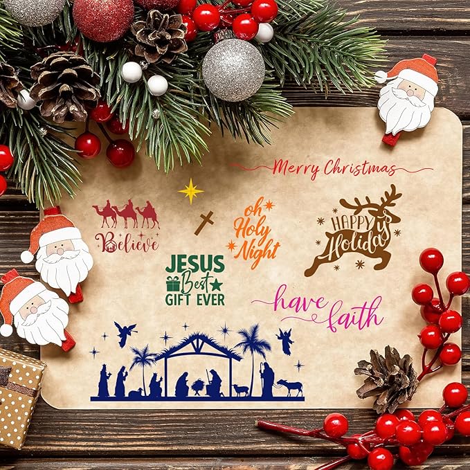 Whaline 4 Sheets Christmas Clear Stamps Greeting Words Nativity Scene Silicone - Image 4