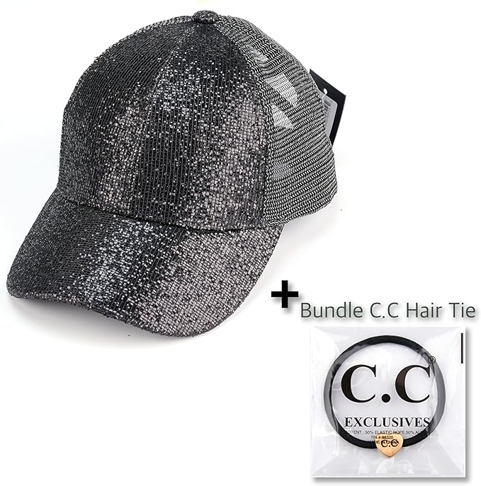 C.C Ponycap Messy High Bun Ponytail Adjustable Glitter Mesh Trucker Baseball Cap