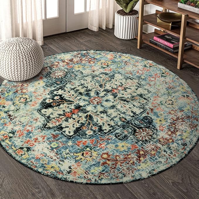 Lahome Bohemian Floral Medallion Round Rug - 4Ft Entryway Round Area Rug Soft - Image 2