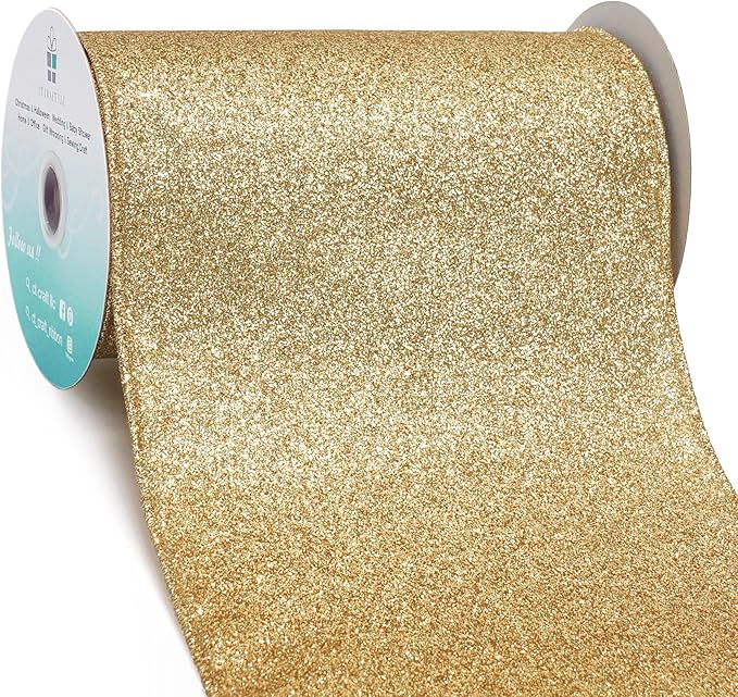 CT CRAFT LLC Glitter Wired Ribbon 6" x 10 Yards Light Gold by CTCRAFTLLC
