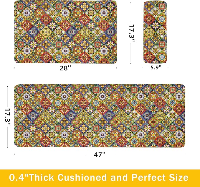 Boho Kitchen Rugs Set 2 Memory Foam Colorful Ceramic Comfort Tile Floor Mat - Image 2