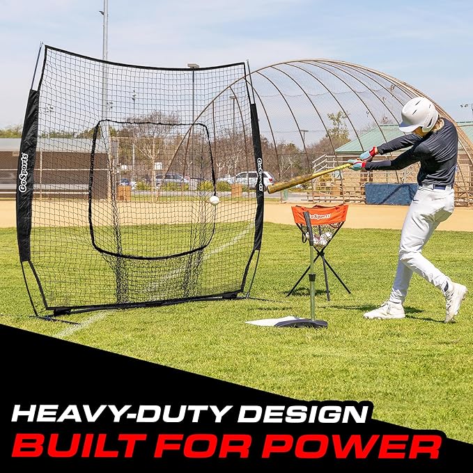 GoSports 7 ft x 7 ft Baseball & Softball Nets - Red, Black, or PRO -Practice Hitting & Pitching Net with Bow Type Frame, Carry Bag and Strike Zone, Great for All Skill Levels
