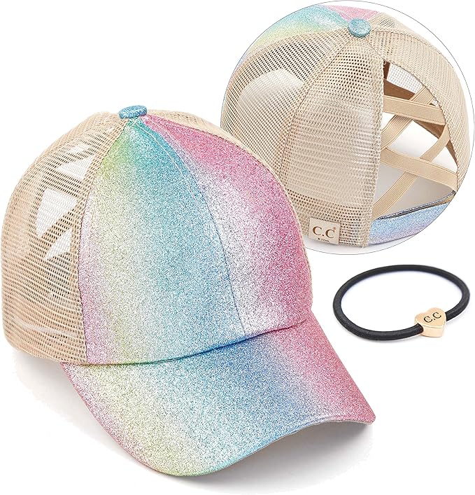 C.C Ponycap Messy High Bun Ponytail Adjustable Glitter Mesh Trucker Baseball Cap