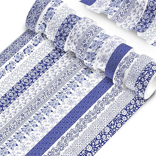 12 Pcs blue and white porcelain Washi Tape Maple Leaf Print Masking Tape - Image 2