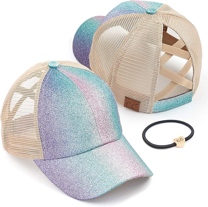 C.C Ponycap Messy High Bun Ponytail Adjustable Glitter Mesh Trucker Baseball Cap