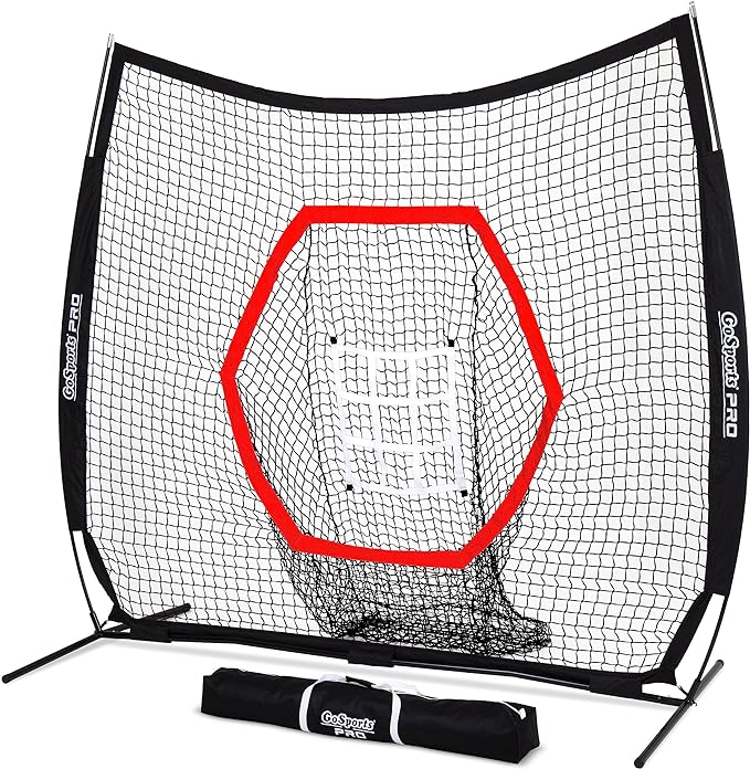GoSports 7 ft x 7 ft Baseball & Softball Nets - Red, Black, or PRO -Practice Hitting & Pitching Net with Bow Type Frame, Carry Bag and Strike Zone, Great for All Skill Levels