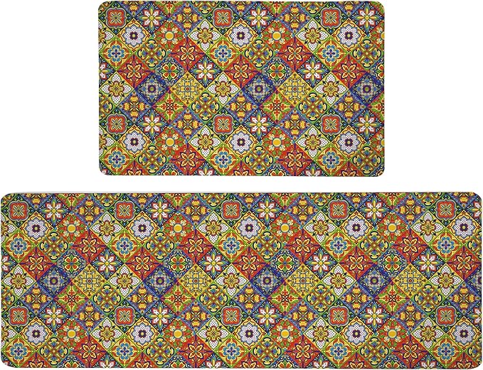 Boho Kitchen Rugs Set 2 Memory Foam Colorful Ceramic Comfort Tile Floor Mat - Image 7