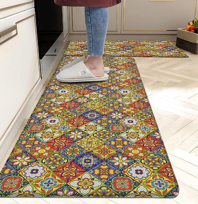 Boho Kitchen Rugs Set 2 Memory Foam Colorful Ceramic Comfort Tile Floor Mat by weesire