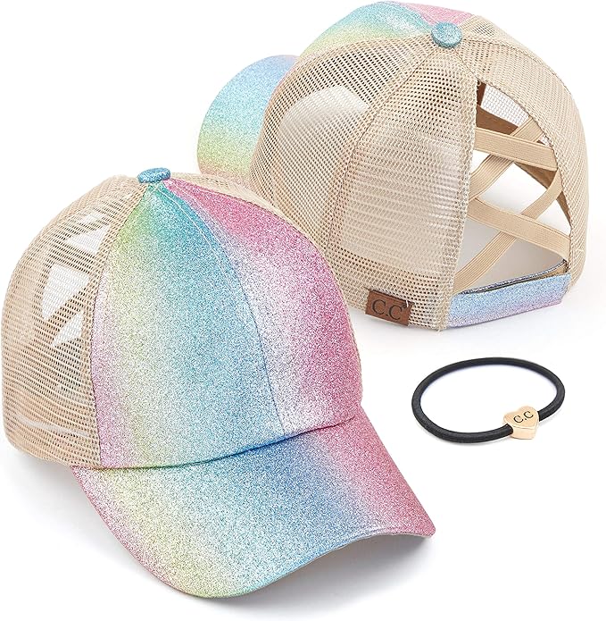 C.C Ponycap Messy High Bun Ponytail Adjustable Glitter Mesh Trucker Baseball Cap